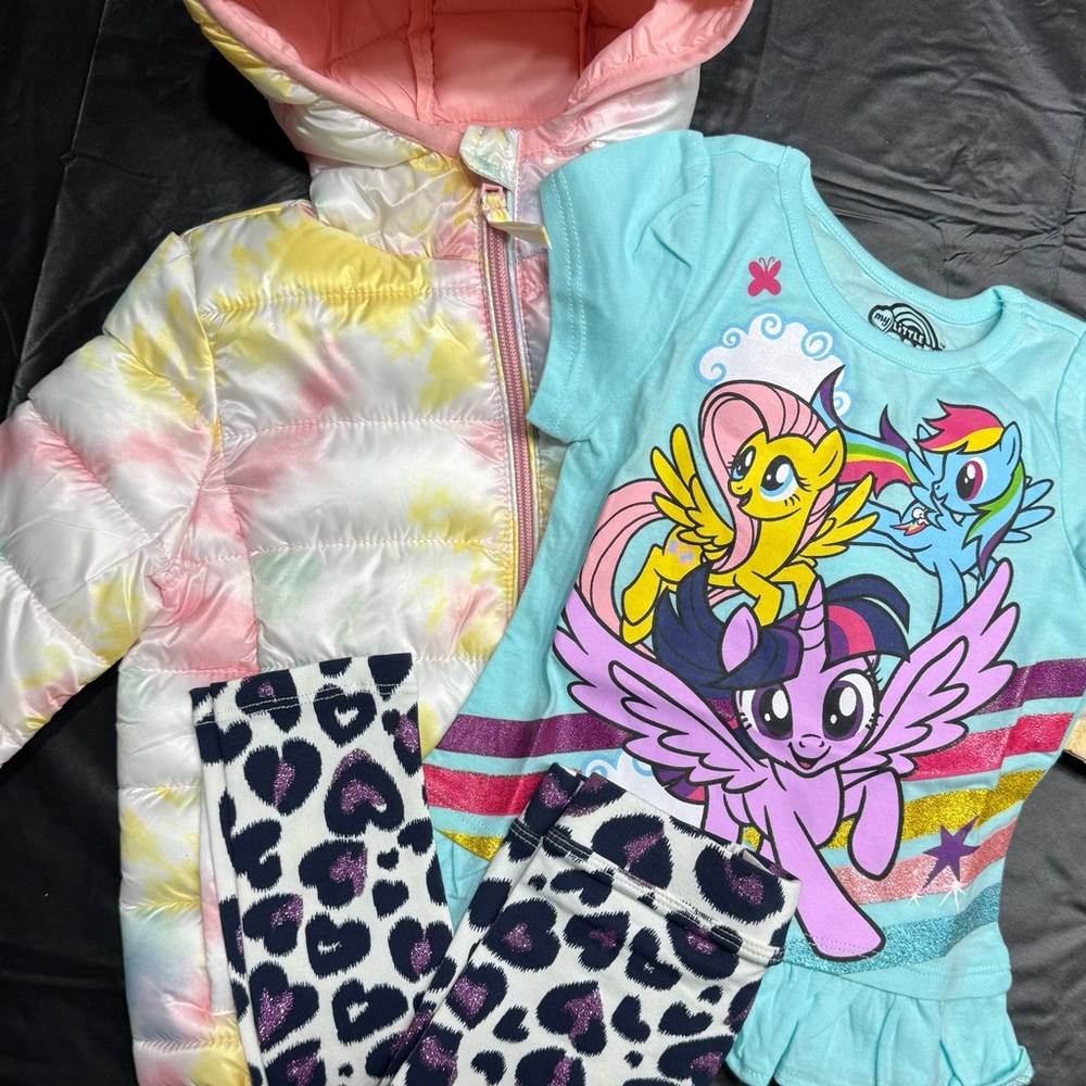 BUNDLE OF 3 My Little Pony Kids tee,Crewcuts leggings, puff jacket, Multicolor
